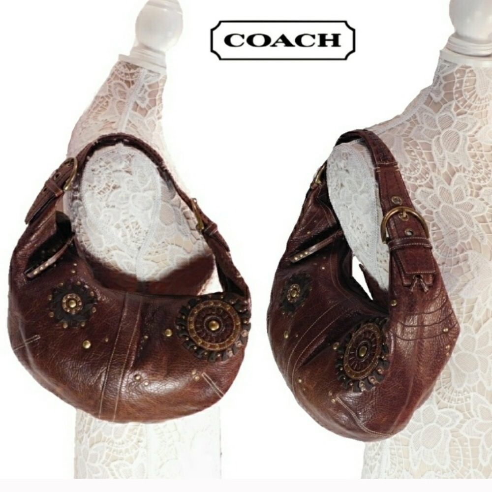 COPY - COACH dark brown leather stud hobo purse !!